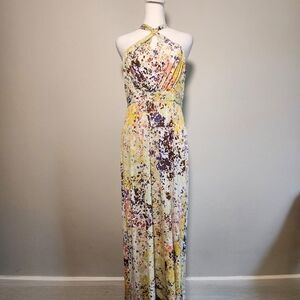GUESS Multicolor Yellow Summer Halter Keyhole Neck Maxi Dress 6